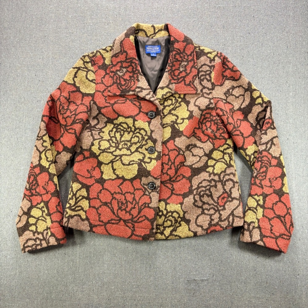 Pendleton Wool Floral Blazer Jacket Womens Small Brown Orange Yellow Flower Coat